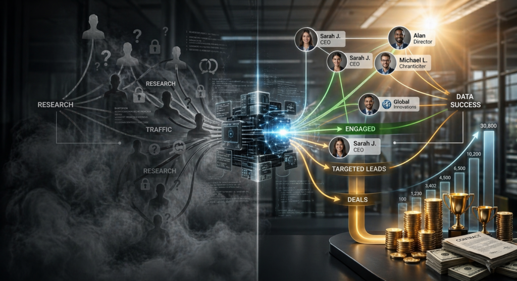Diagram showing how intent data illuminates the dark funnel for B2B lead generation.