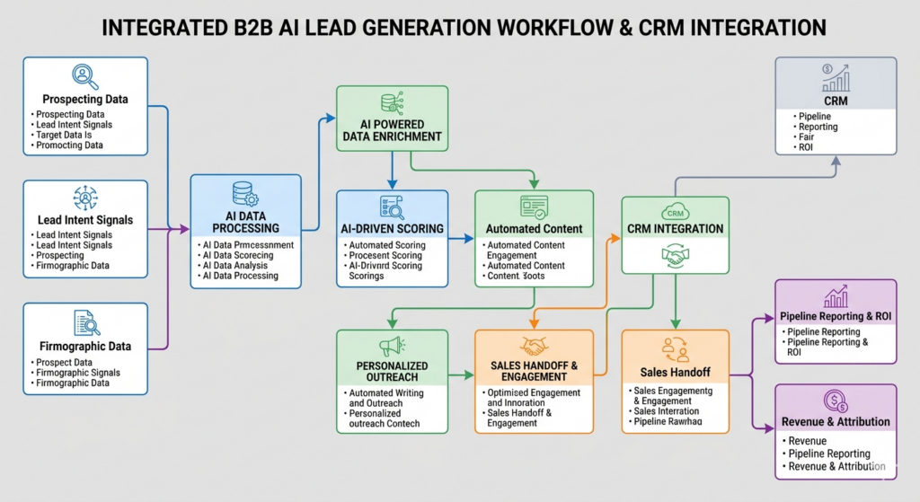 AI B2B lead generation automated workflow and CRM integration diagram.