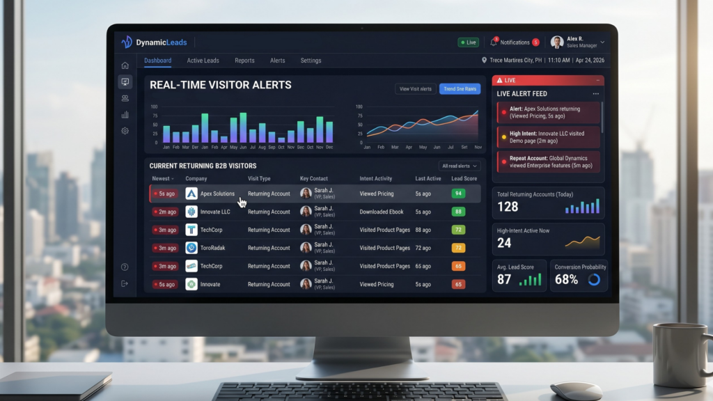 Dynamic Leads dashboard showing real-time B2B website visitor identification for small businesses