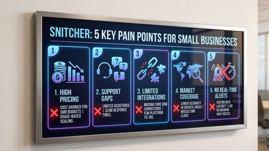 Infographic showing Snitcher limitations for small business B2B lead generation in 2026