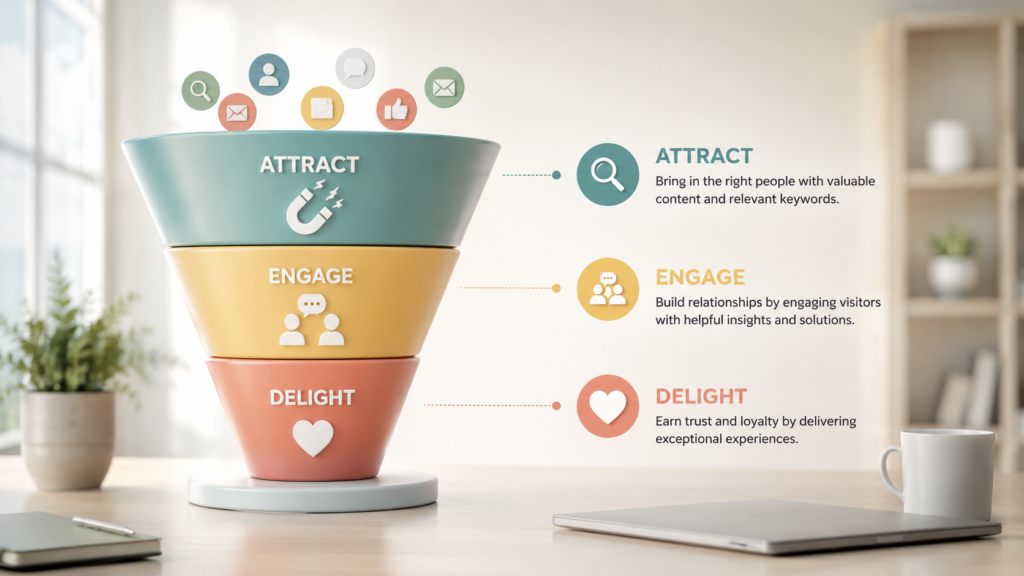 Infographic displaying the stages of an inbound marketing funnel for b2b companies