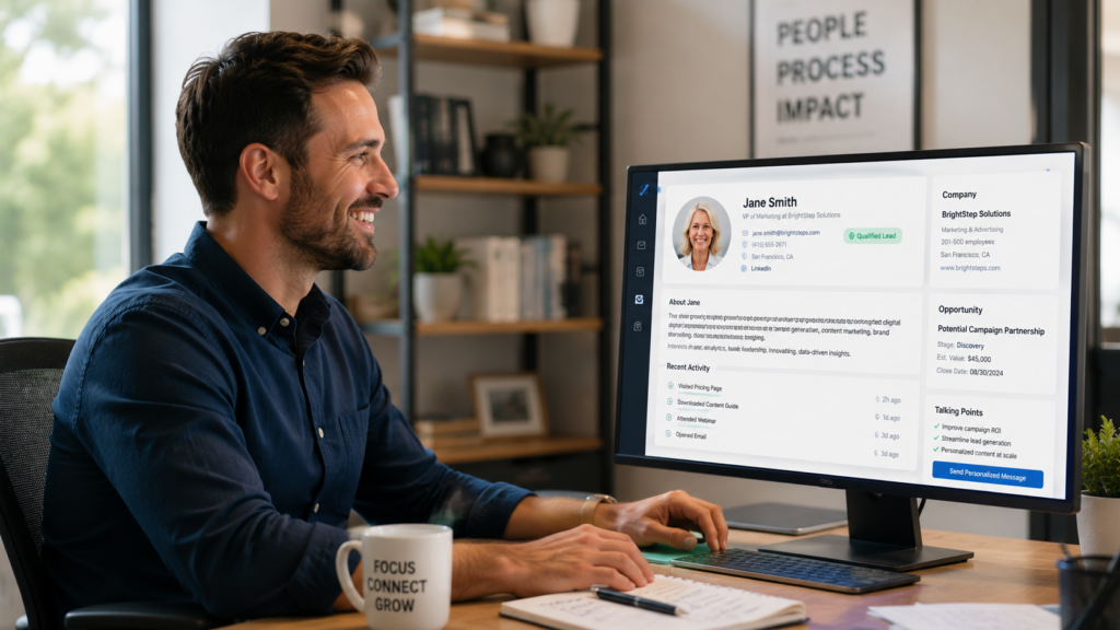 Sales professional researching a prospect for a targeted outbound sales strategy