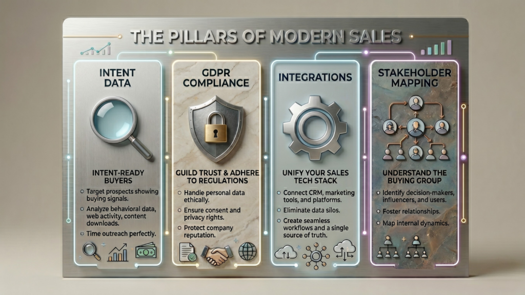 Core features of ethical sales intelligence software including intent data.