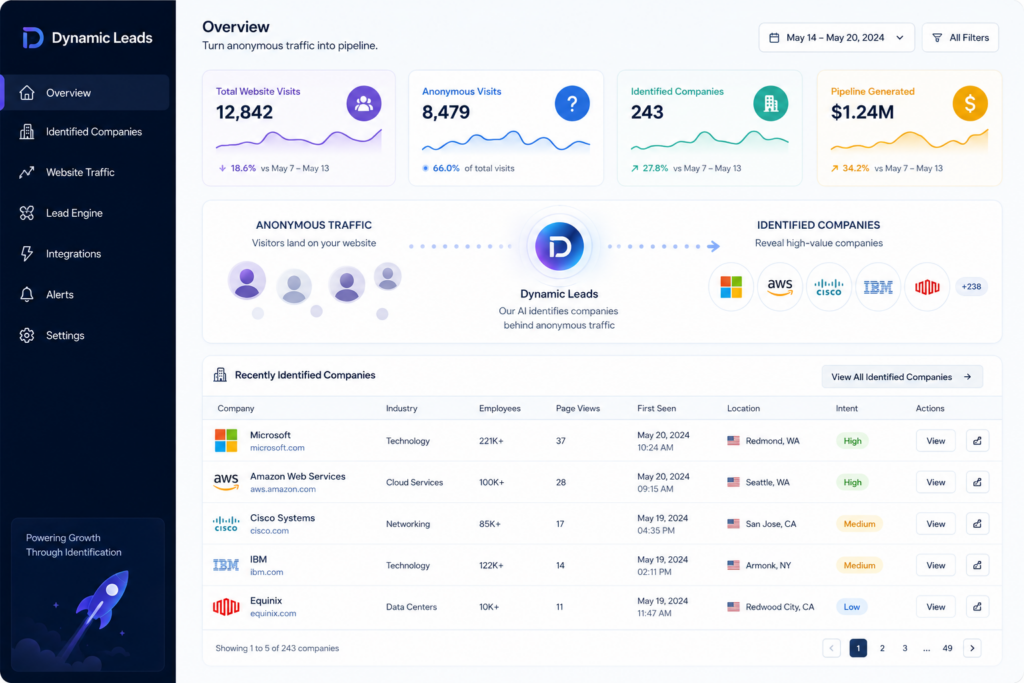 Website visitor identification dashboard revealing hidden dynamic leads.
