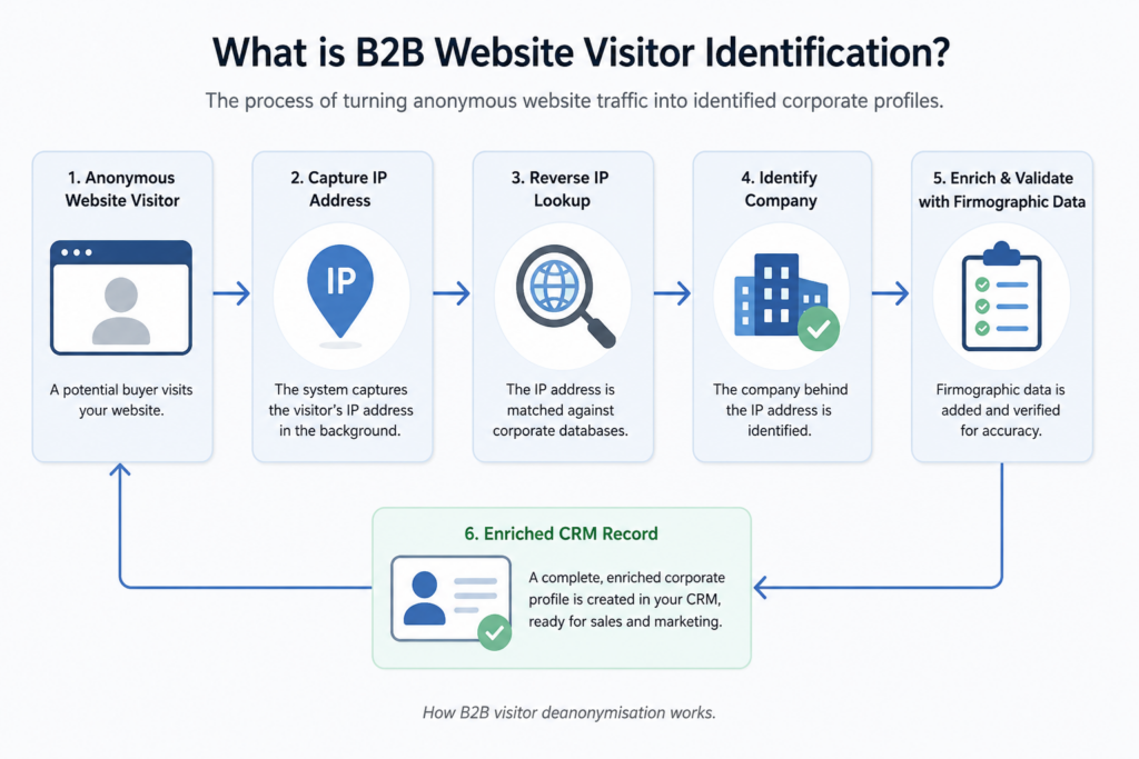 A close-up view of a website visitor tracking software dashboard showing real-time metrics, active company names, geolocation data, and specific intent scores.