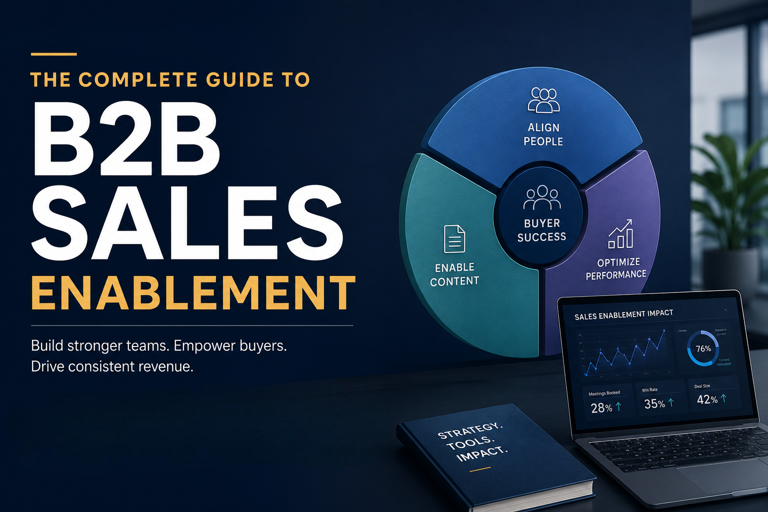 B2B Sales Enablement – Complete Guide featured image showing a modern business dashboard, sales enablement framework, analytics, and enterprise growth strategy in a premium blue corporate design.
