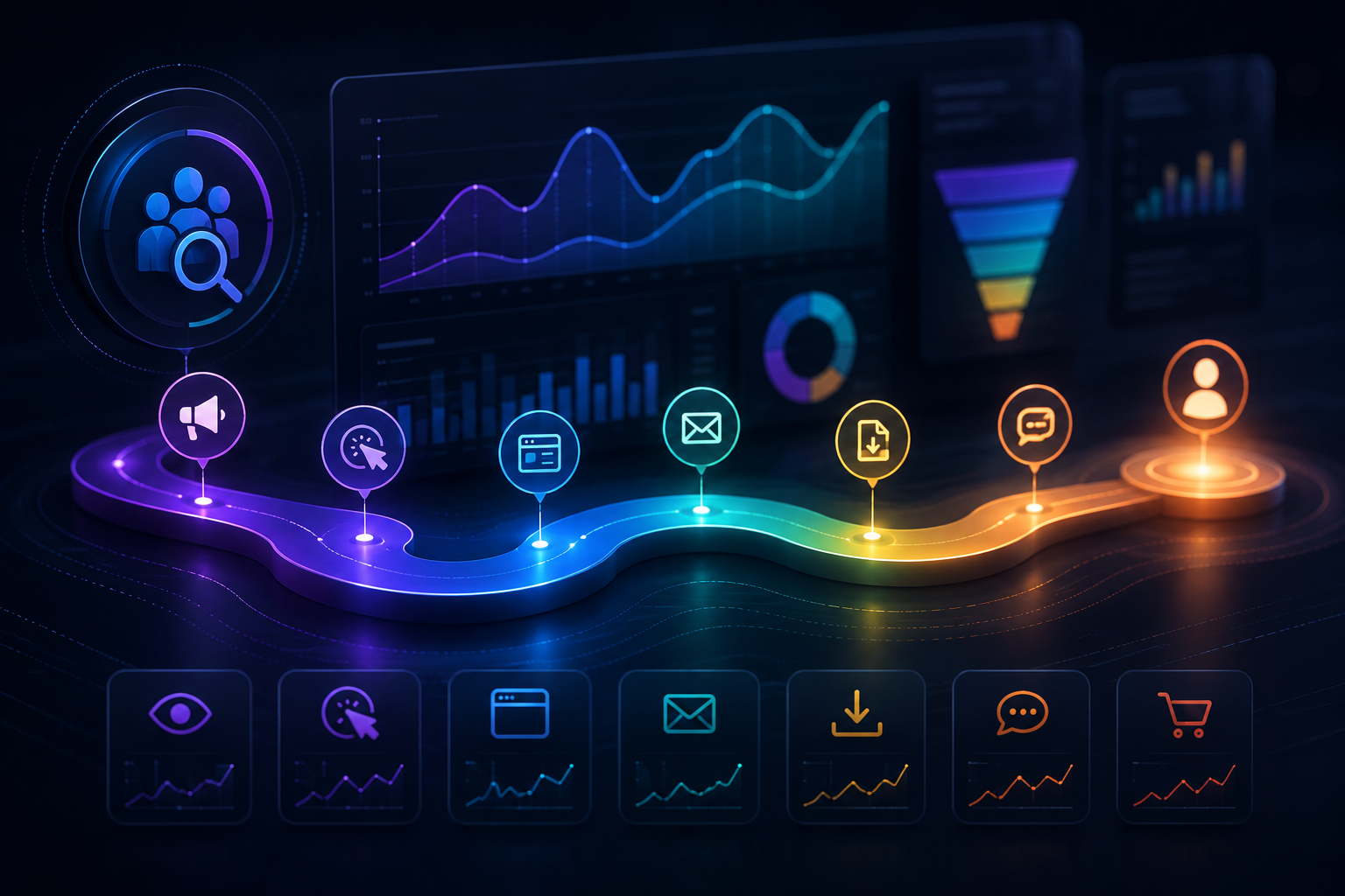 Buyer Journey Analytics dashboard showing B2B customer touchpoints, conversion metrics, and sales funnel performance.