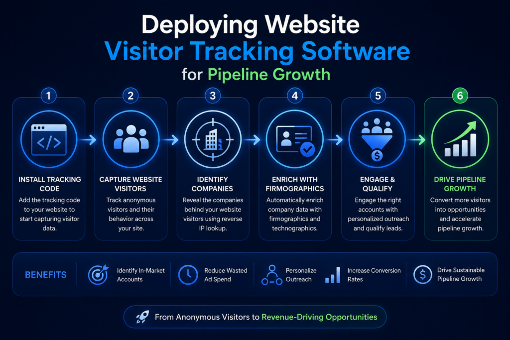 Infographic showing how businesses identify anonymous web traffic using website visitor tracking software to reveal companies, enrich CRM records, qualify leads, and drive B2B pipeline growth.