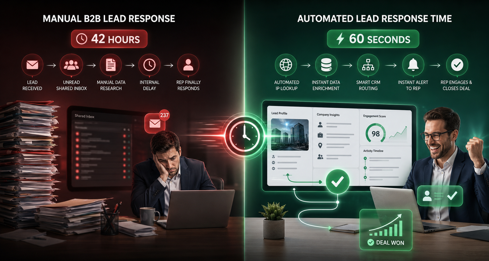 Infographic comparing slow manual workflows against automated lead response time engines for B2B sales automation.