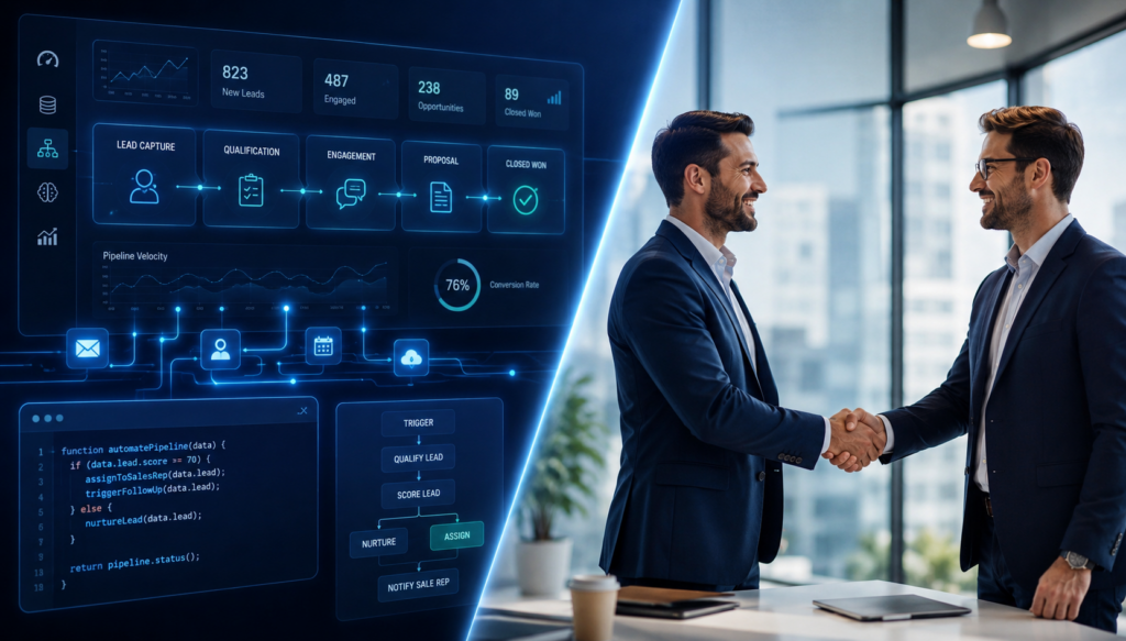 Split screen illustration showing a digital sales pipeline dashboard on one side and two B2B professionals shaking hands on the other. #Sales Processes