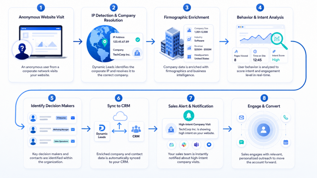 A visual flowchart showing how B2B lead generation starts with an anonymous website visit being deanonymized by Dynamic Leads, enriched with company metrics, and synced to CRM pipelines.