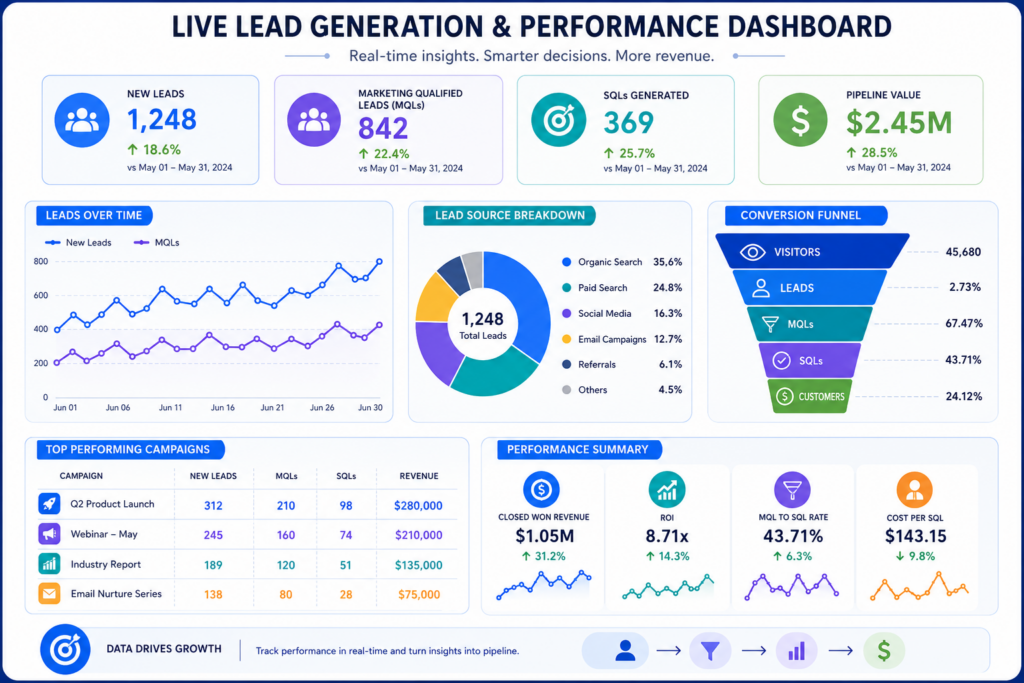 An educational infographic mapping out how B2B lead generation data translates into visual performance metrics and proven campaign ROI.