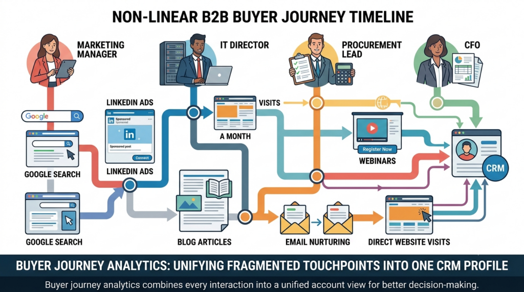 Buyer journey analytics showing how multiple B2B customer touchpoints connect to one CRM profile.