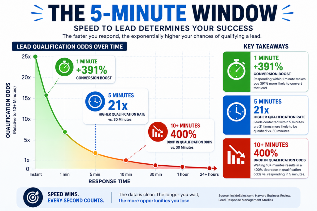 Infographic showing key lead response time statistics and speed to lead qualification drop-off over time.