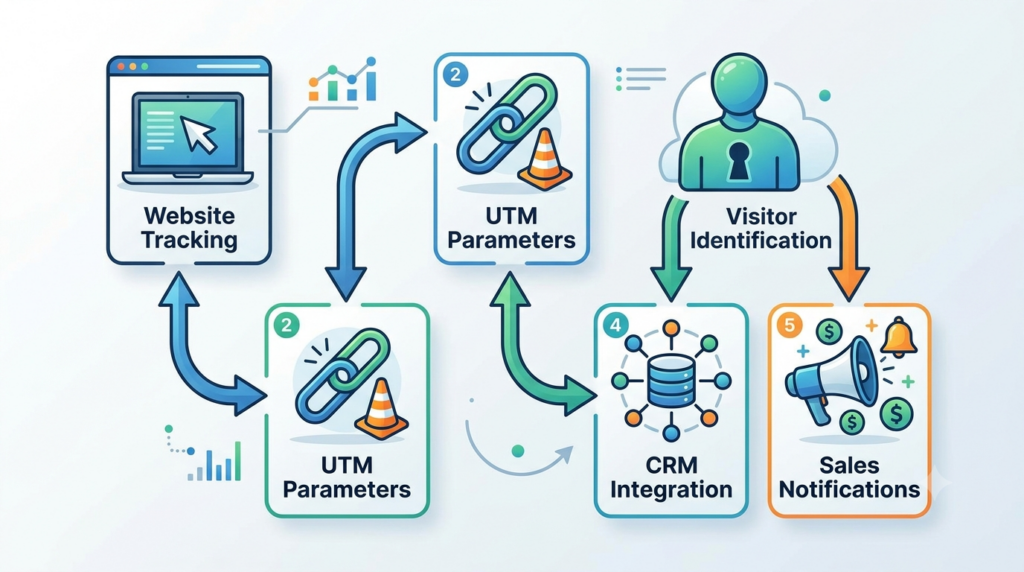 Workflow to track customer touchpoints from website visits to CRM automation.